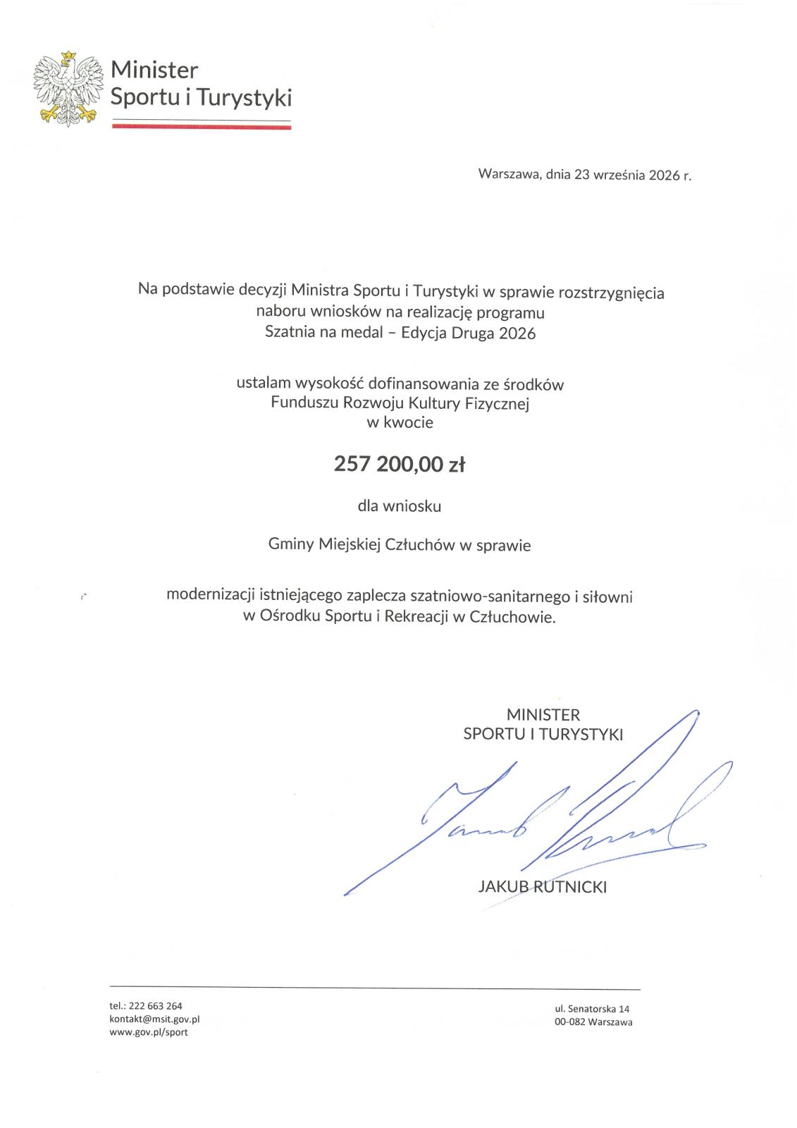 pismo o przyznaniu dofinansowania