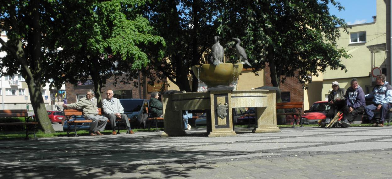 Zdjęcie przedstawiające osoby starsze przy fontannie kormorany